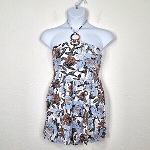 Old Navy Floral Romper Sz L Halter Wide Leg Pockets Smocked Back Boho Coastal